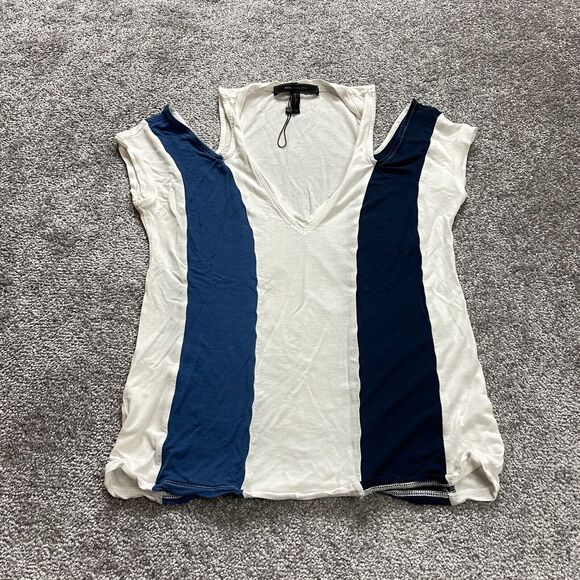 BCBGMAXAZRIA Shirt Womens XS White Blue Black STriped Cold Shoulder Deep V Neck - Picture 1 of 9
